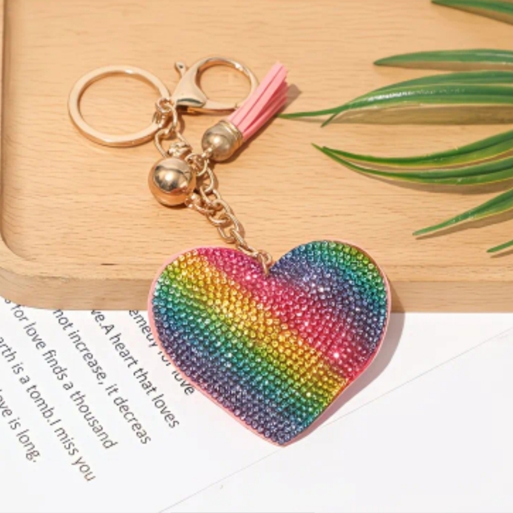 🆕️ 🏳️‍🌈🌈🩷RAINBOW RHINESTONE HEART BAG CHARM & KEY CHAIN🏳️‍🌈 🌈🩷